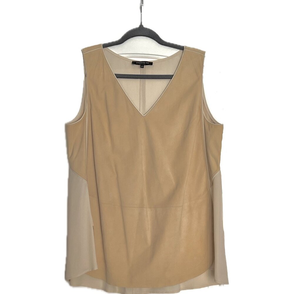 Lafayette 148 New York Lamb Suede and Silk light tan sleeveless blouse, Large